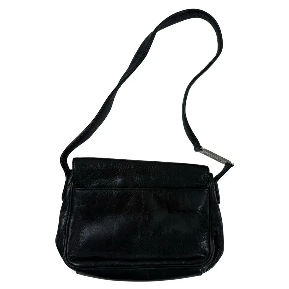 Ralph Lauren Black Leather Shoulder Bag Purse Silver LOGO Strap